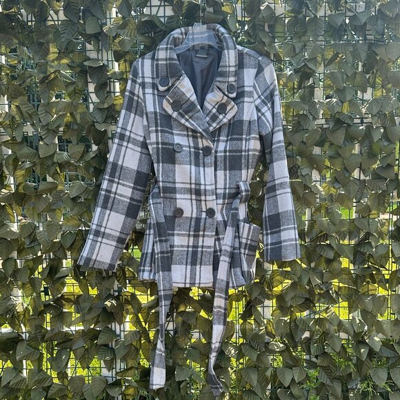 Plaid White and Gray Button Down Peacoat, Size Small - Picture 1 of 6